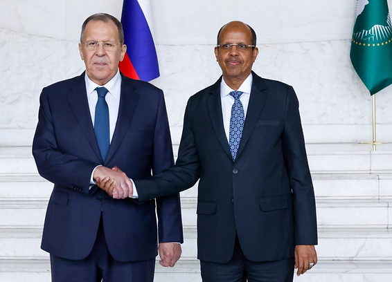 Russia's Minister of Foreign Affairs, Sergei Lavrov (L), with Chairperson of the African Union (AU) Commission H.E. Mahmoud Ali Youssouf (R) in July 2026.