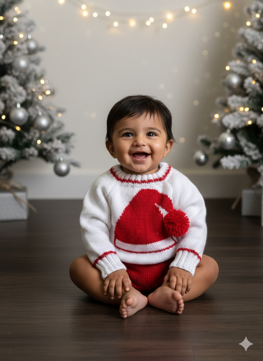 Thumbnail: White Christmas sweater for babies - baby model