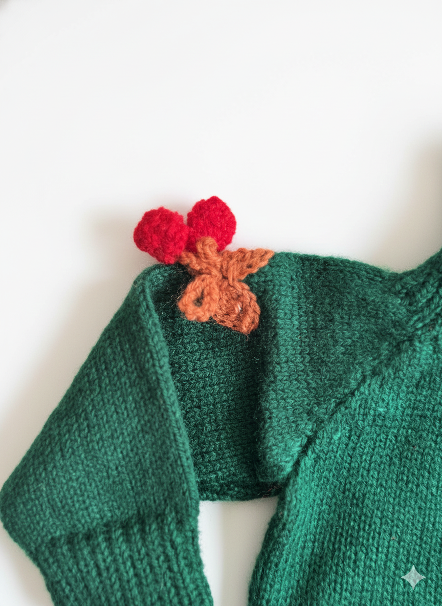 Thumbnail: Winter Cherry | Green Christmas sweater for Baby- Arm view