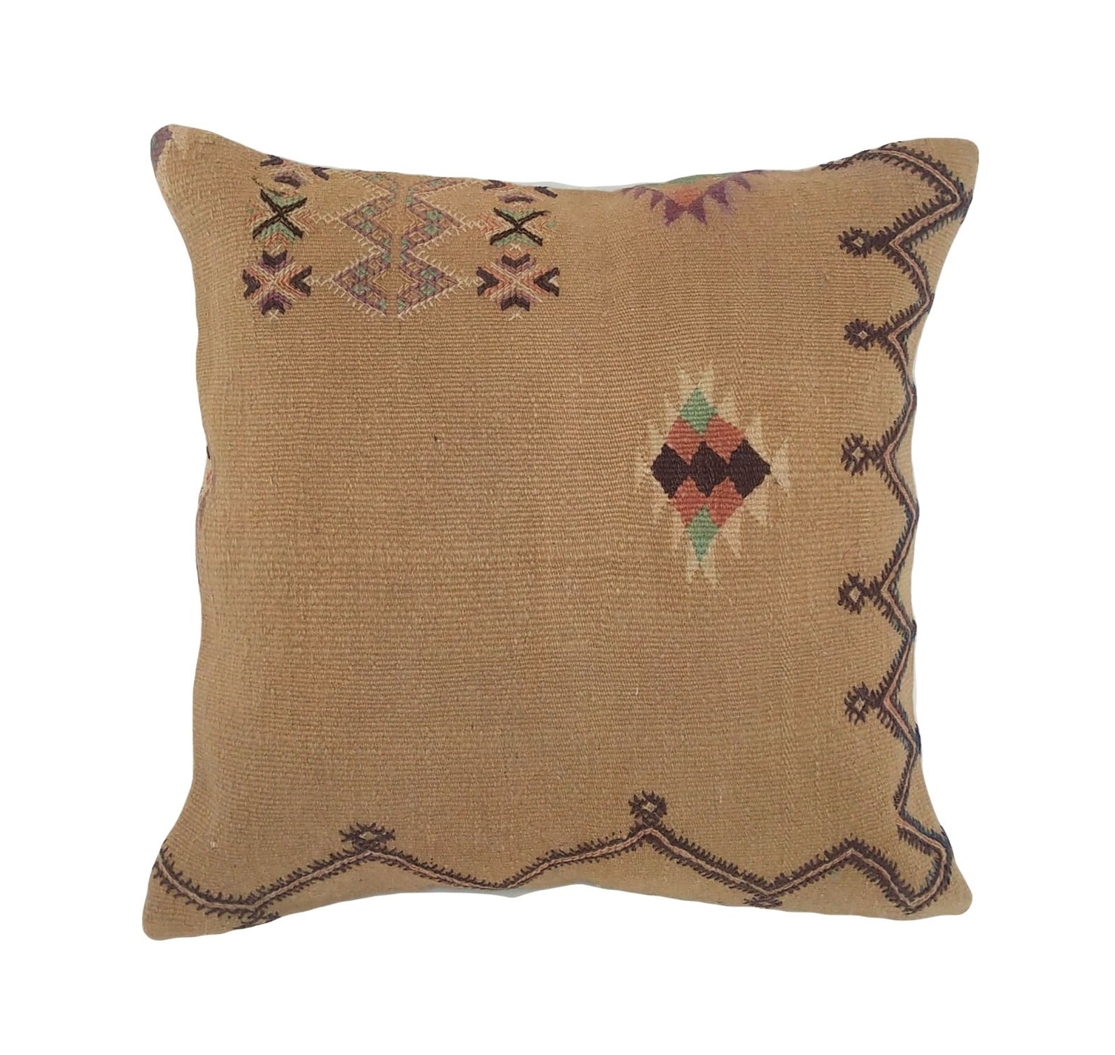 A 20x20 Kilim throw pillow with tan wool adorned with black stitching border and aztec embellishment