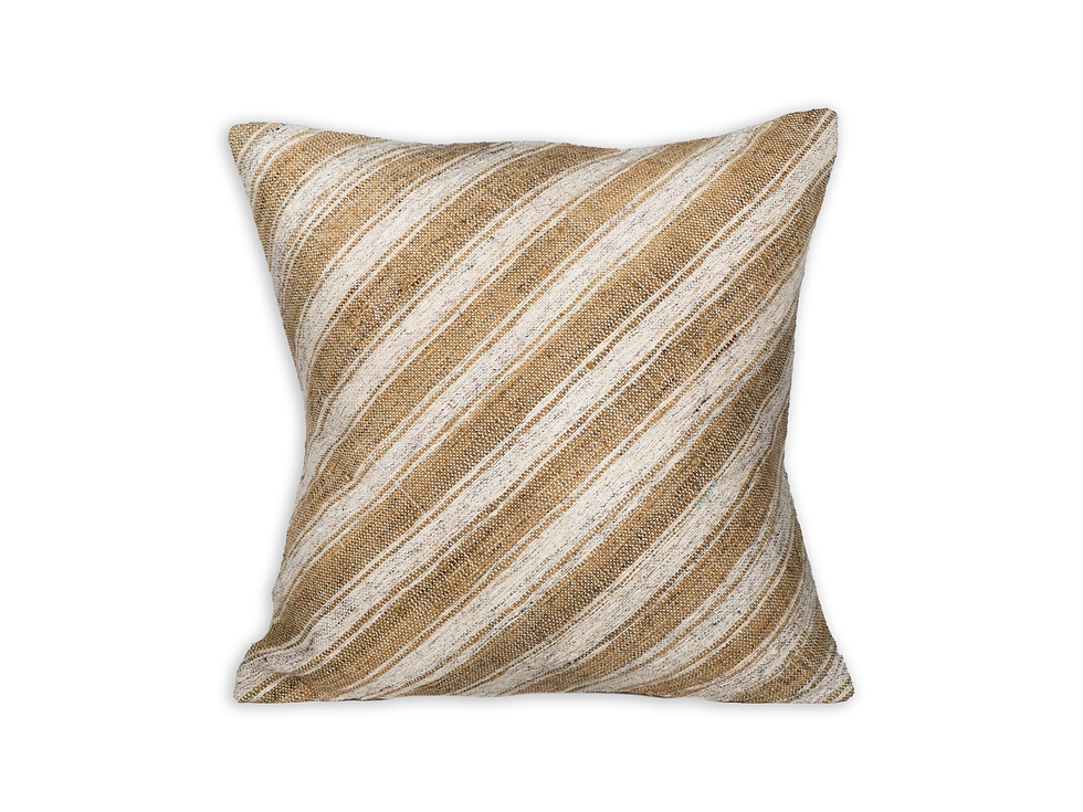 A 16 x 16 Kilim throw pillow with gold and cream diagonal stripe design