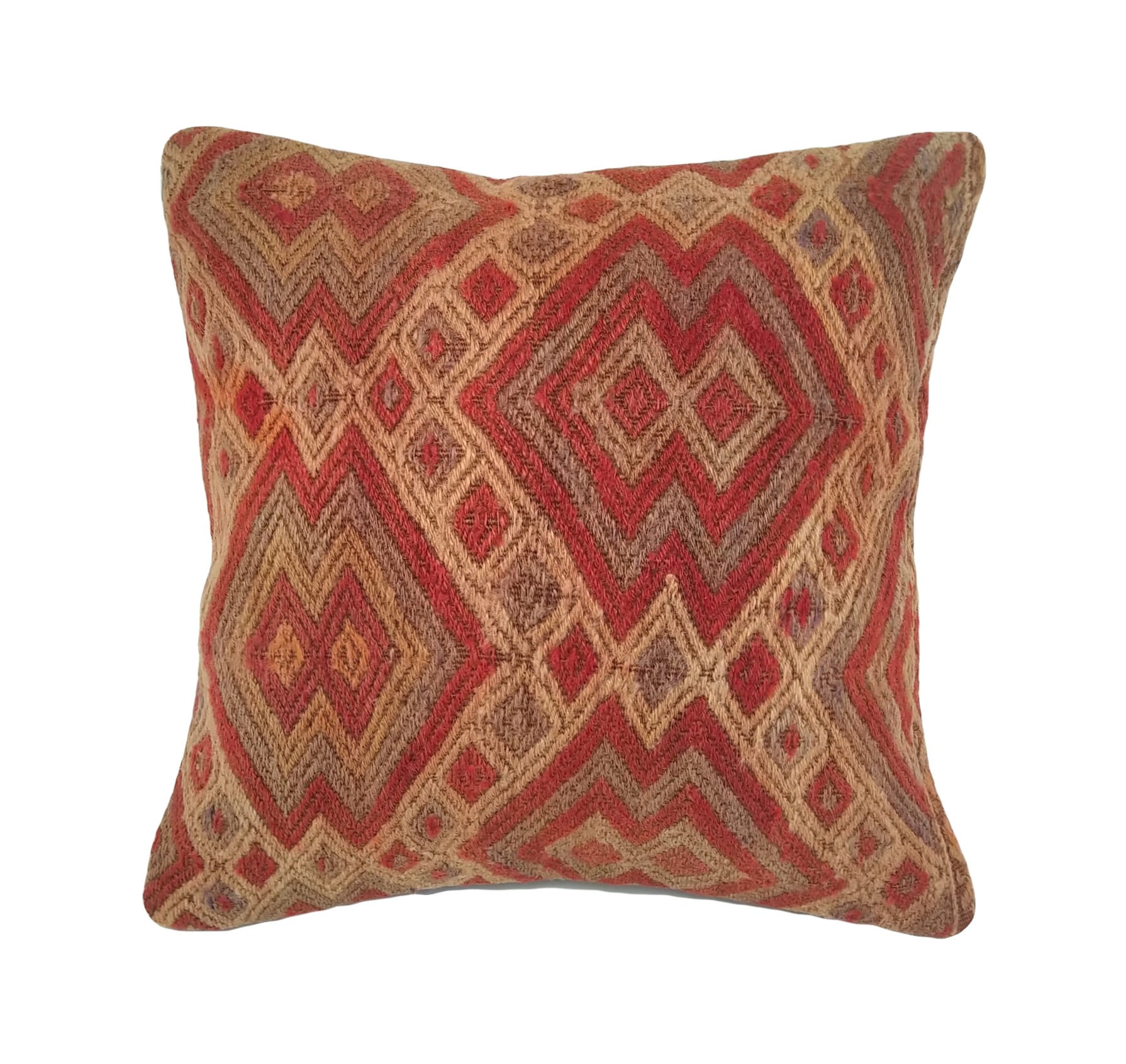An 18x18 Kilim throw pillow with geometric design in red, taupe, and tan wool