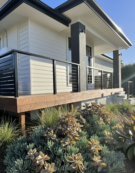 Transforming a modern architectural space into a lush, green sanctuary. Key Design Elements:
• Textural Ground Covers: A dense carpet of Blue Chalk Sticks and Silver Spoon plants fills the mulch areas, offering a high-contrast, low-maintenance color palette.
• Native Highlights: The addition of a mature Gymea Lily provides a bold, sculptural focal point with its iconic crimson blooms.
• Soft Transitions: Lomandra Tanika grasses line the stone pathways, softening the hardscaping and adding movement to the garden.