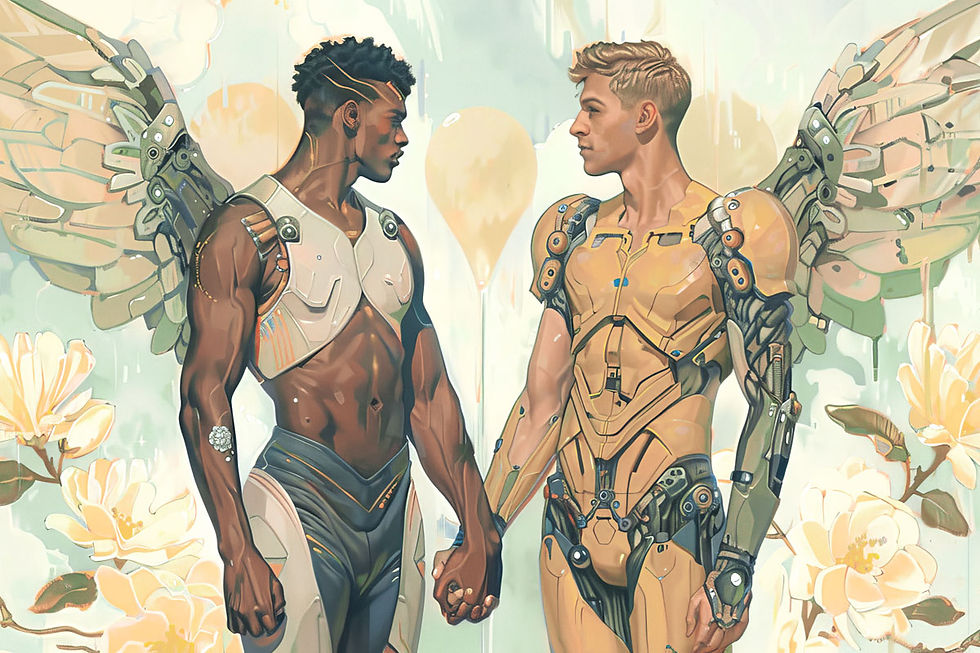 Owego_Home_original_framed_art_print_two_android_angels_holding_hands