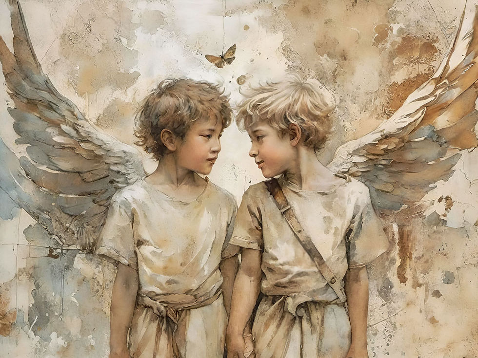 Owego_Home_original_framed_art_print_two_boy_angels_holding_hands