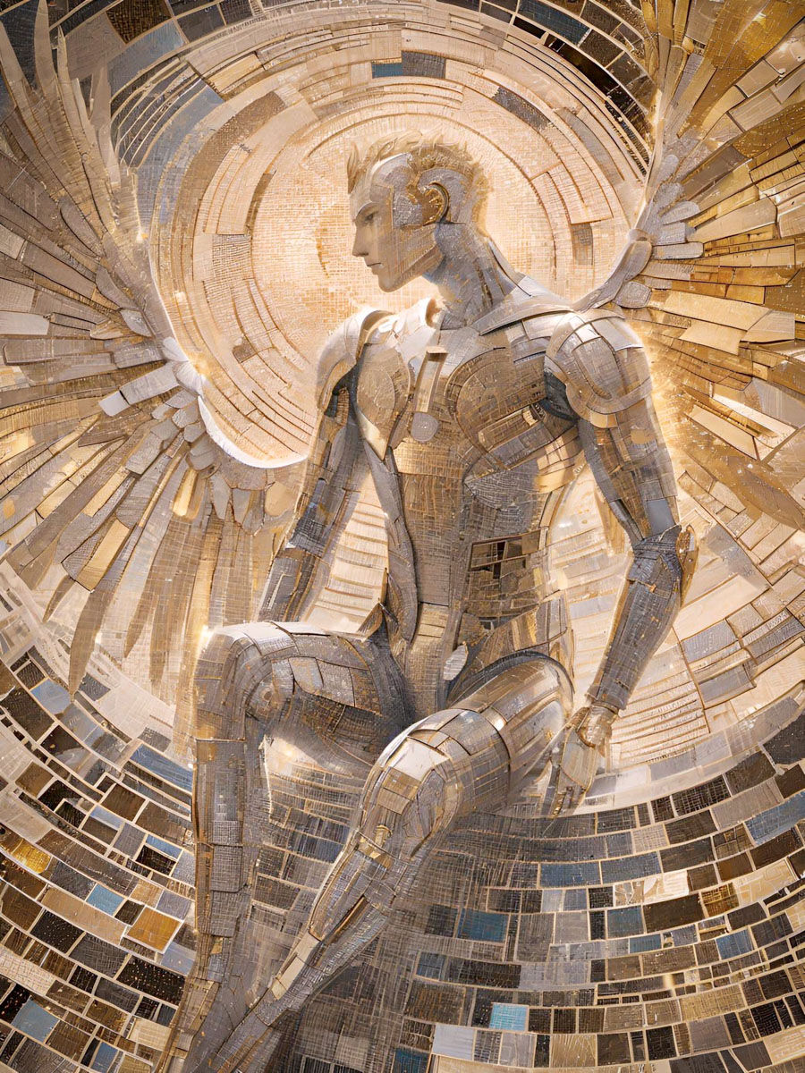 Owego_Home_original_framed_art_print_story_archangel_male_metatron_modern_interpretation_bionic_gold_white_tiles