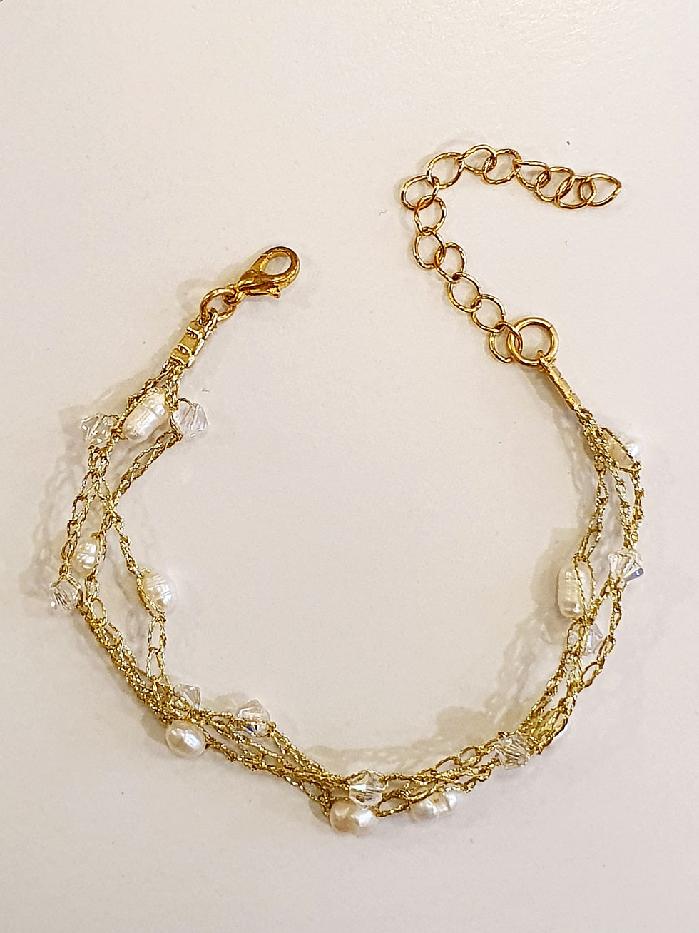 Thumbnail: Gold silk bracelet - Freshwater pearls & clear crystals