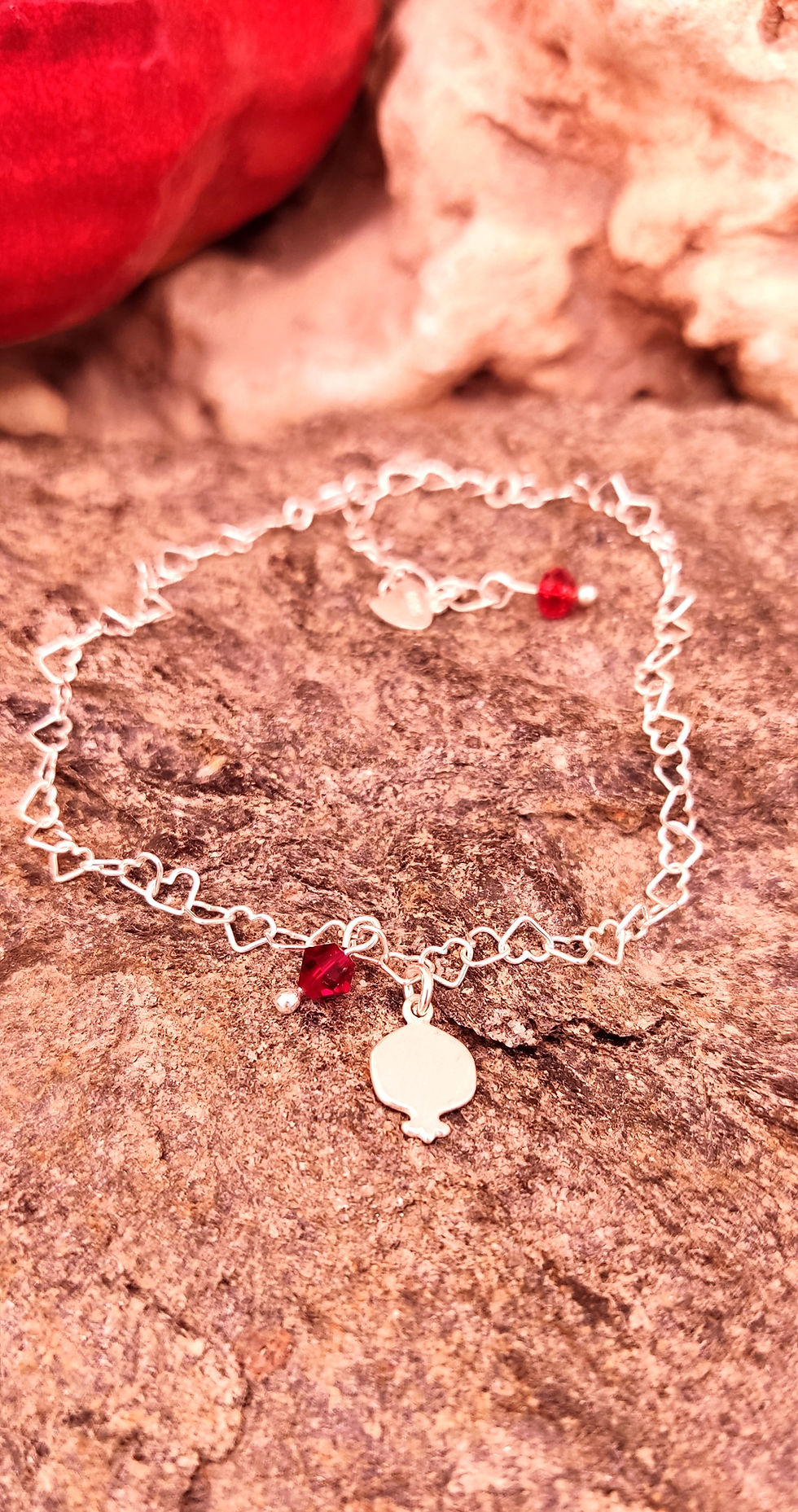 Thumbnail: Small silver heart bracelet with silver pomegranate and crystal