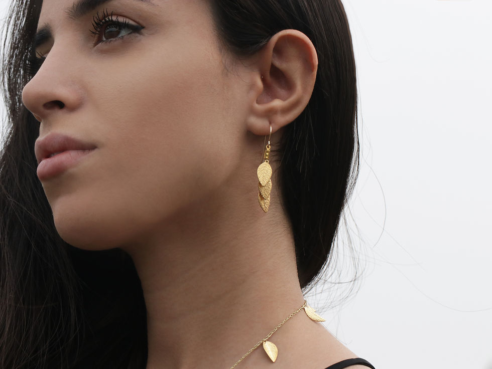 Thumbnail: Short, light and elegant handmade silk earrings with flat gold leaves