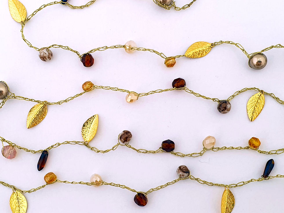 Thumbnail: Handmade silk necklace with leaves, pearls and crystals
