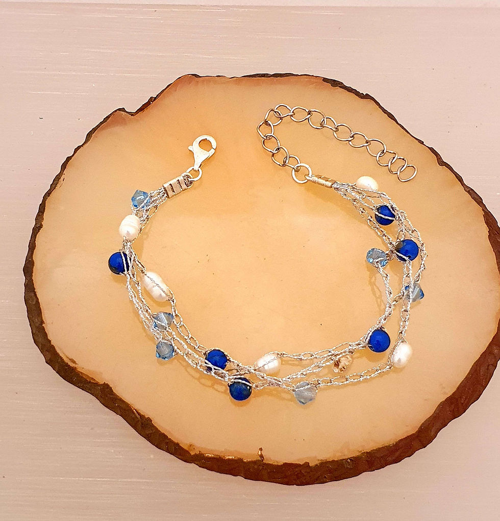Thumbnail: Silver silk bracelet - Pearls, Clear blue crystals & Lapis