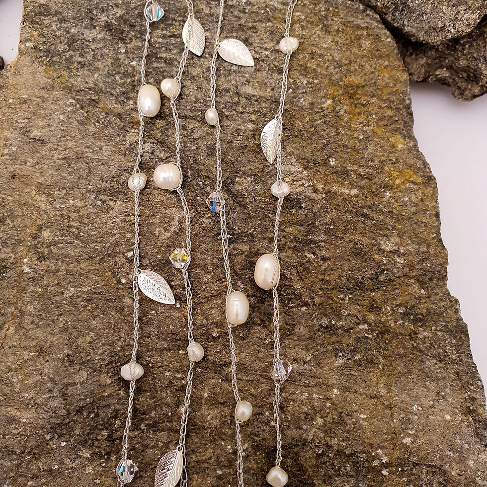 Thumbnail: Silver Silk Necklace - silver leaf, pearls & Clear crystals view