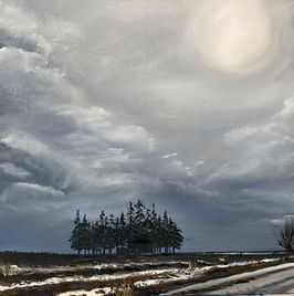 Experience the haunting beauty of Ontario's countryside in "Whispers of Frost " by the talented artist Geoffrey Lessard. This captivating oil painting captures a serene yet melancholic scene of isolated trees on an island amidst a misty water landscape. The overcast sky, intricate details of snow and grass, and the ethereal light weaving through the clouds create a chilling yet mesmerizing atmosphere that will transport you to a place of quiet contemplation