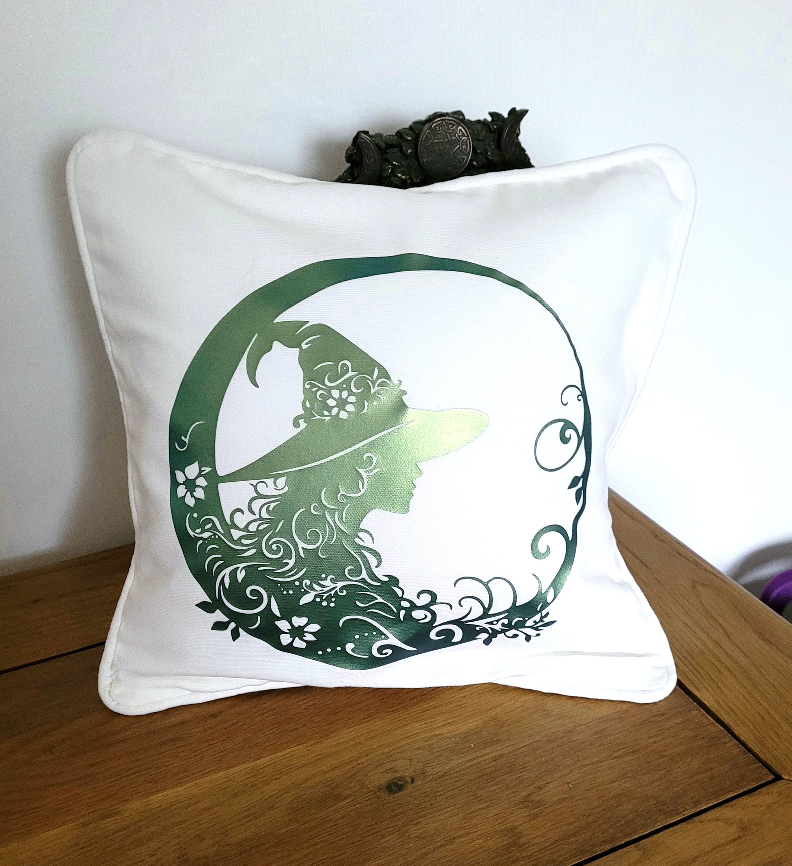 Gold & Green Witch Design Cushion Cover