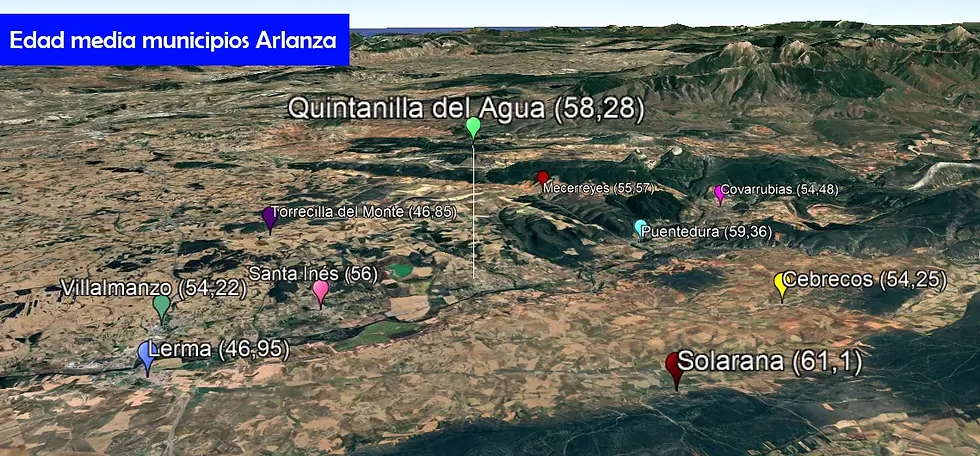 Mapa de la edad media de los habitantes de los municipios del valle medio del Arlanza./Darío Yáñez