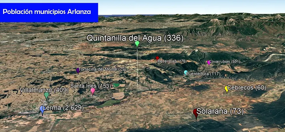 Mapa de la población por municipios del valle medio del Arlanza./Darío Yáñez