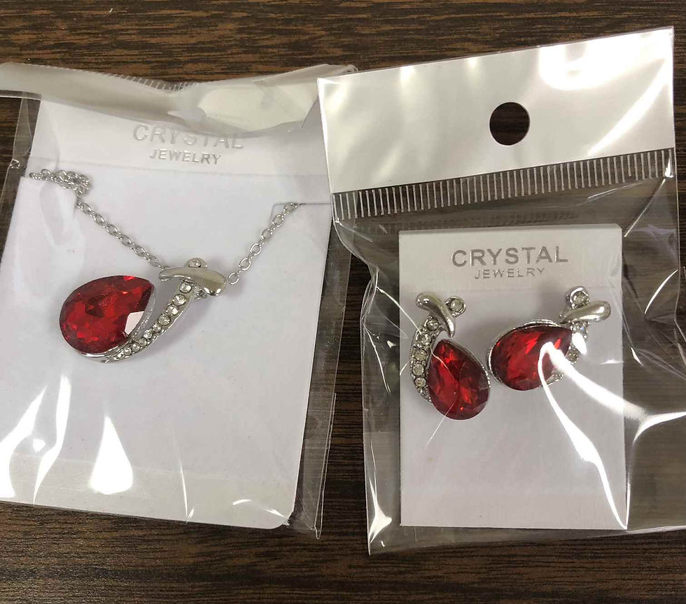 Woman's Red Crystal Teardrop Pendant Necklace and Earrings