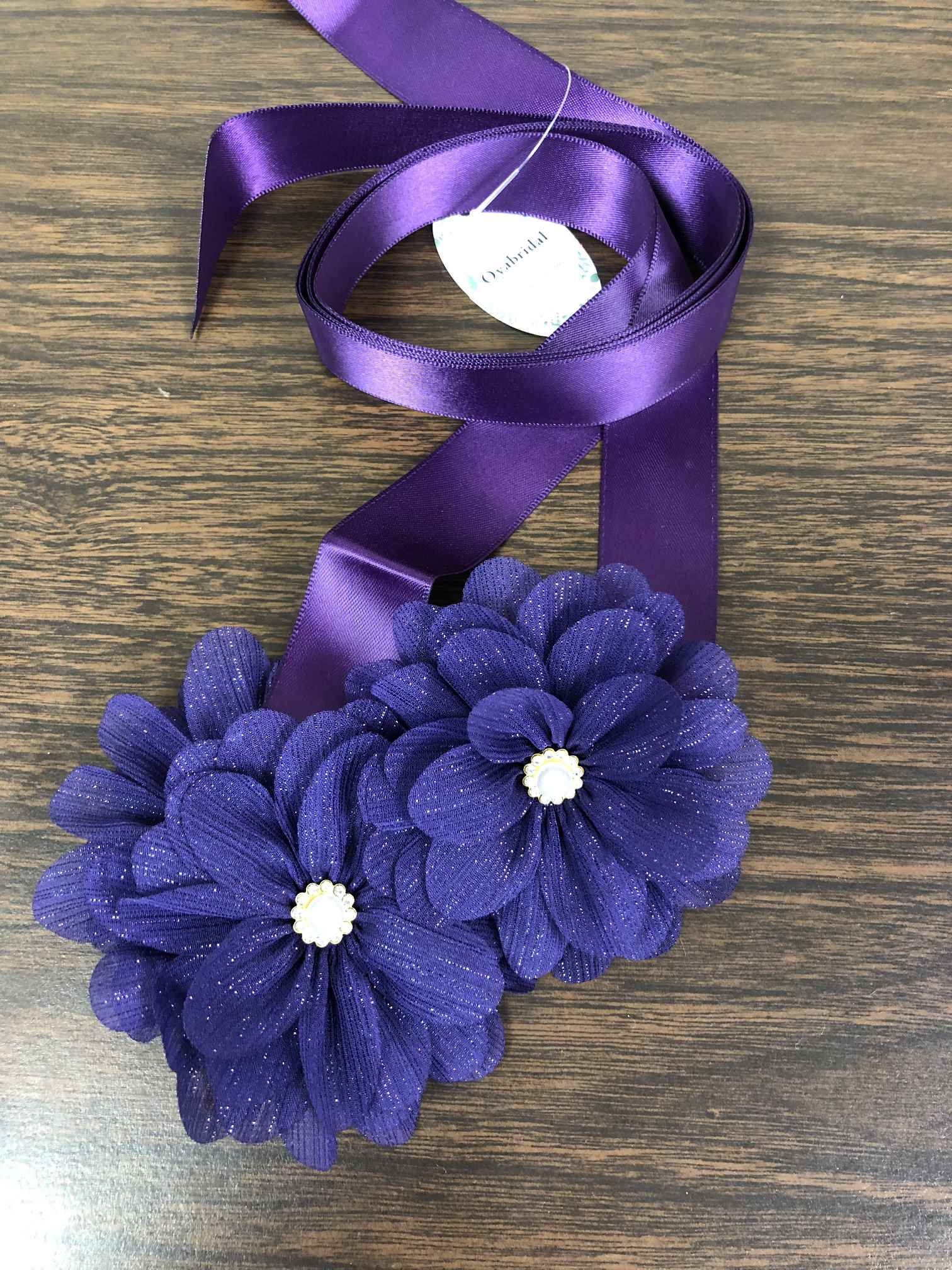 Purple Tulle Flower Girl Ribbon Sash Belt