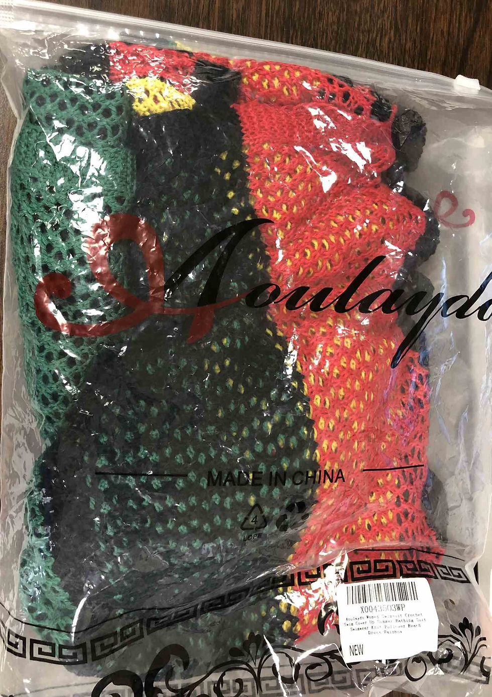 Aoulaydo Woman's Crotchet Red, Black, Green, & Yellow Swim Suit Cover Up