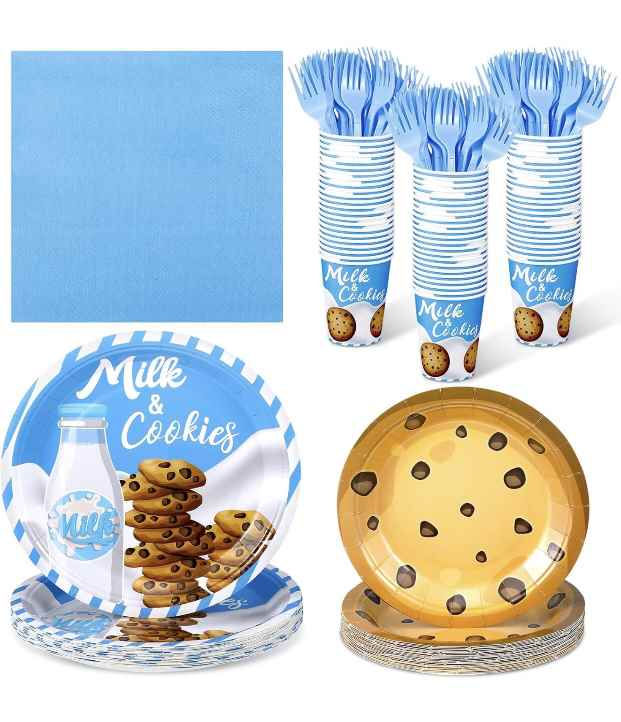 Party Supplies Set for 24 Guests Milk and Cookies Themed Paper Plates and Napkins Disposable Dinnerware Set