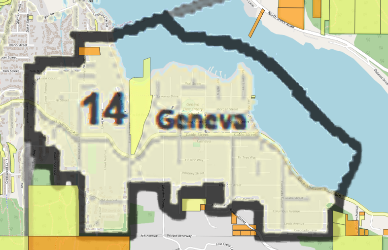 Map highlighting area with number 14 and text "Geneva" in bold. Blue water borders the area, with streets and colorful sections around it.