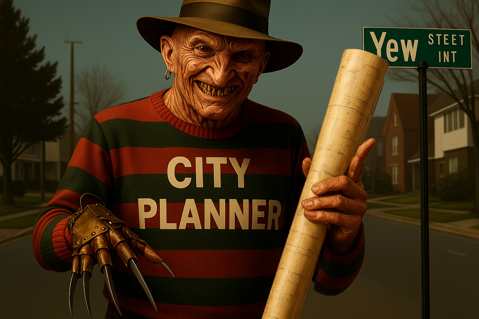 Freddy Krueger wearing a "CITY PLANNER" sweater.