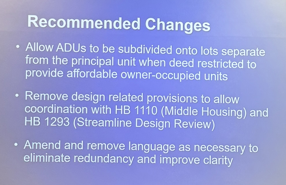 Screenshot from COB Council Meeting showing changes to ADU codes
