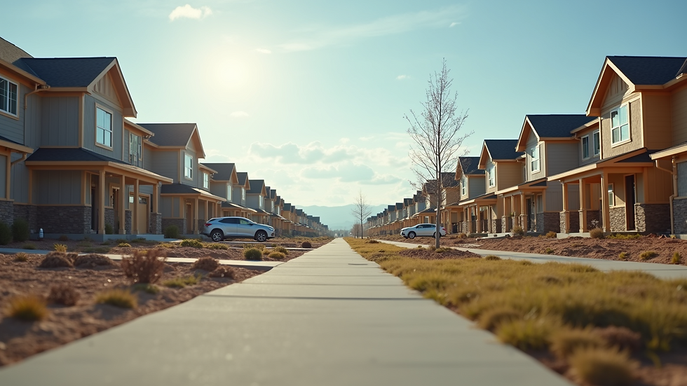 Eye-level view of a suburban neighborhood with new homes under construction