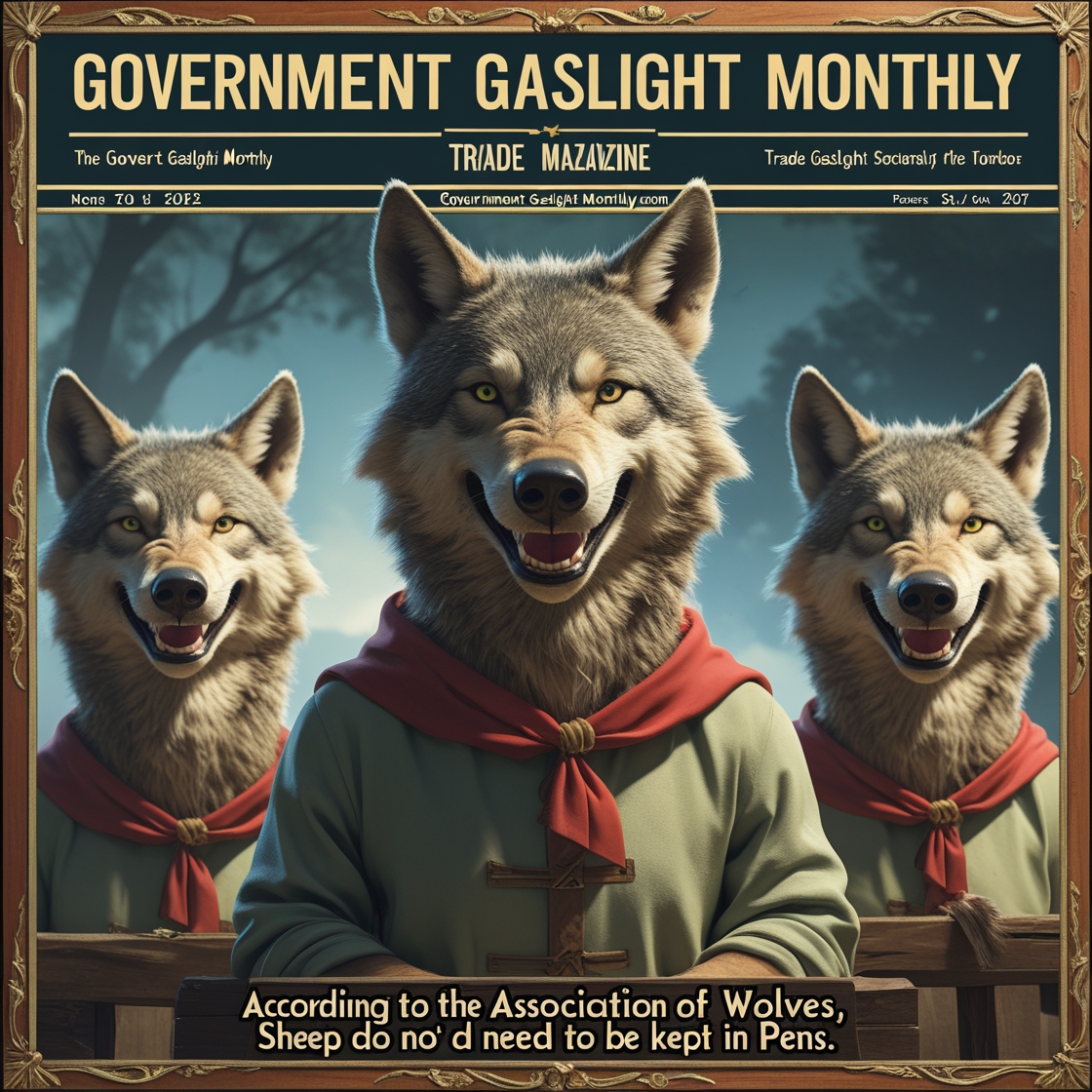 Three Wolves On Cover of Government Gas Light Monthly Magazine. Article is "According to Association of Wolves, Sheep do not need to be protected"