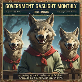 Cover of a fake magazine called "Government Gaslight Monthly" with cover photo of wolves dressed up like boy scouts. Headline reads "According to the Association of Wolves, sheep do not need to be protected."