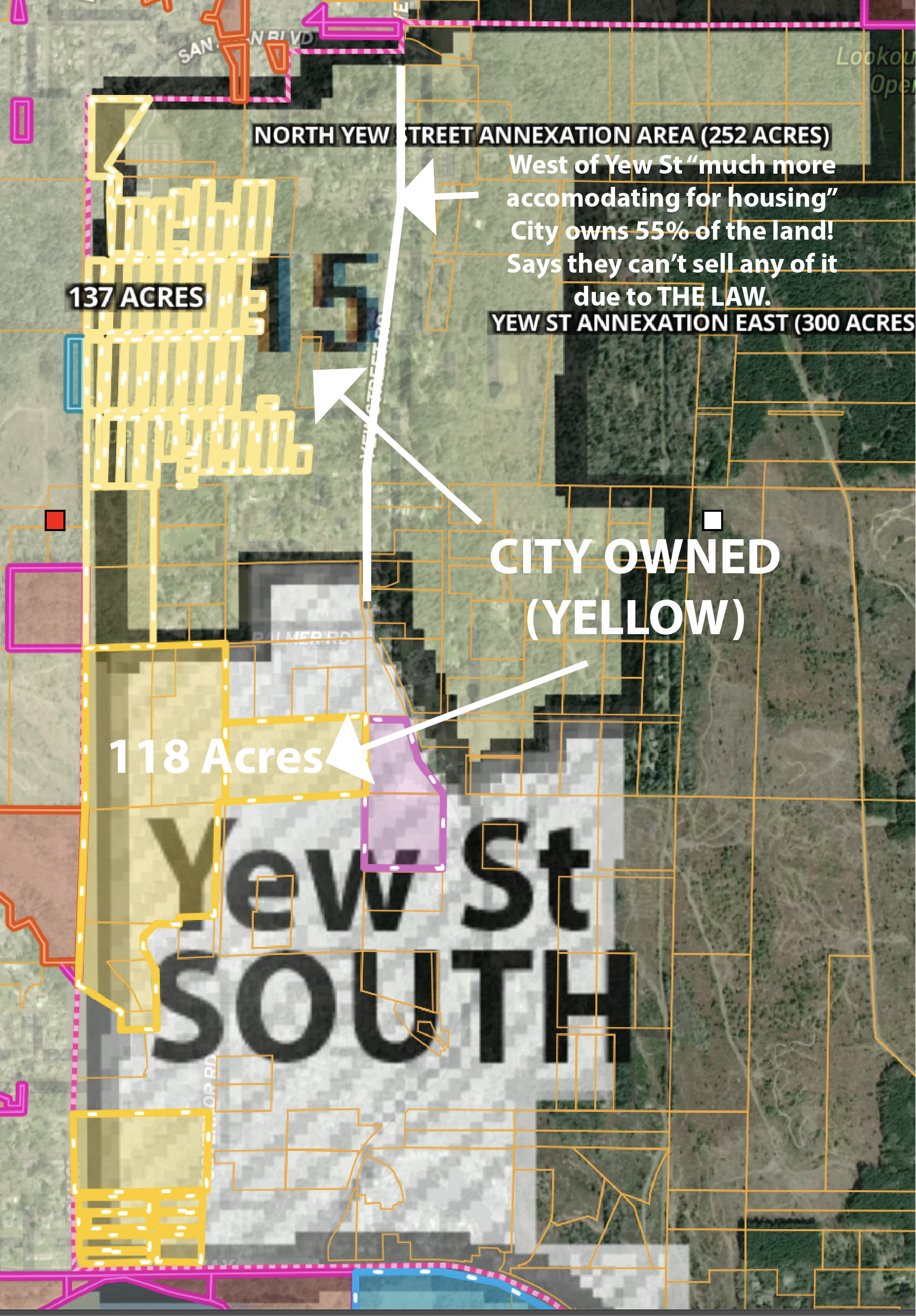 Map showing the North and South Yew Street UGAs with the high ownership percentage of the city.