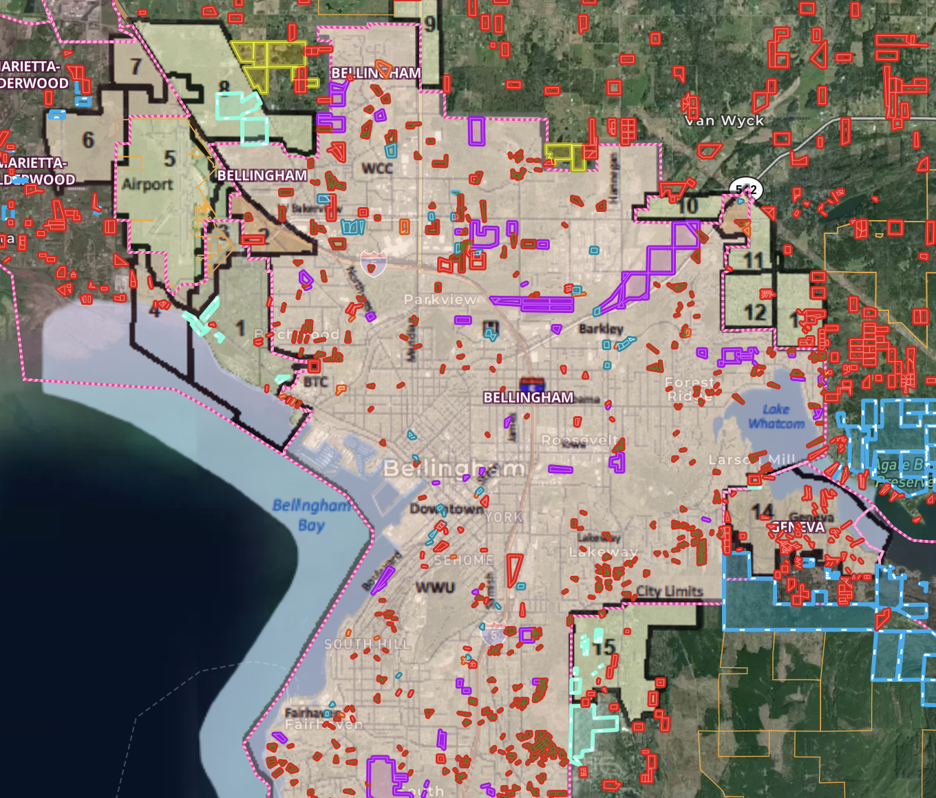 Map of the City of Bellingham showing all new construction in and around the city since 2007.