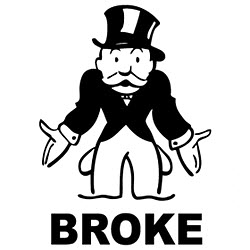 Monopoly man with "Broke" and his pockets inside/out