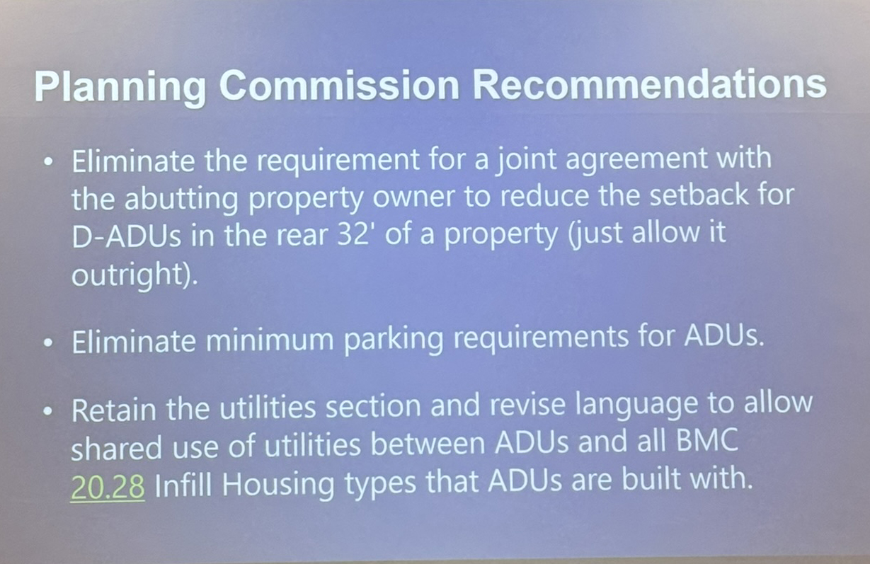 Screenshot from City of Bellingham Council meeting where they are removing parking requirements for new ADUs