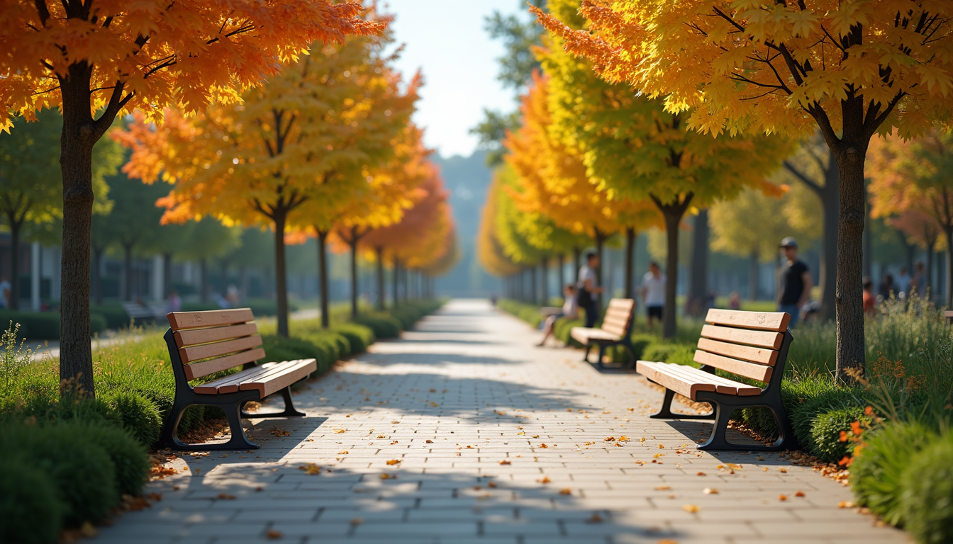 Eye-level view of a vibrant community gathering area with benches and trees