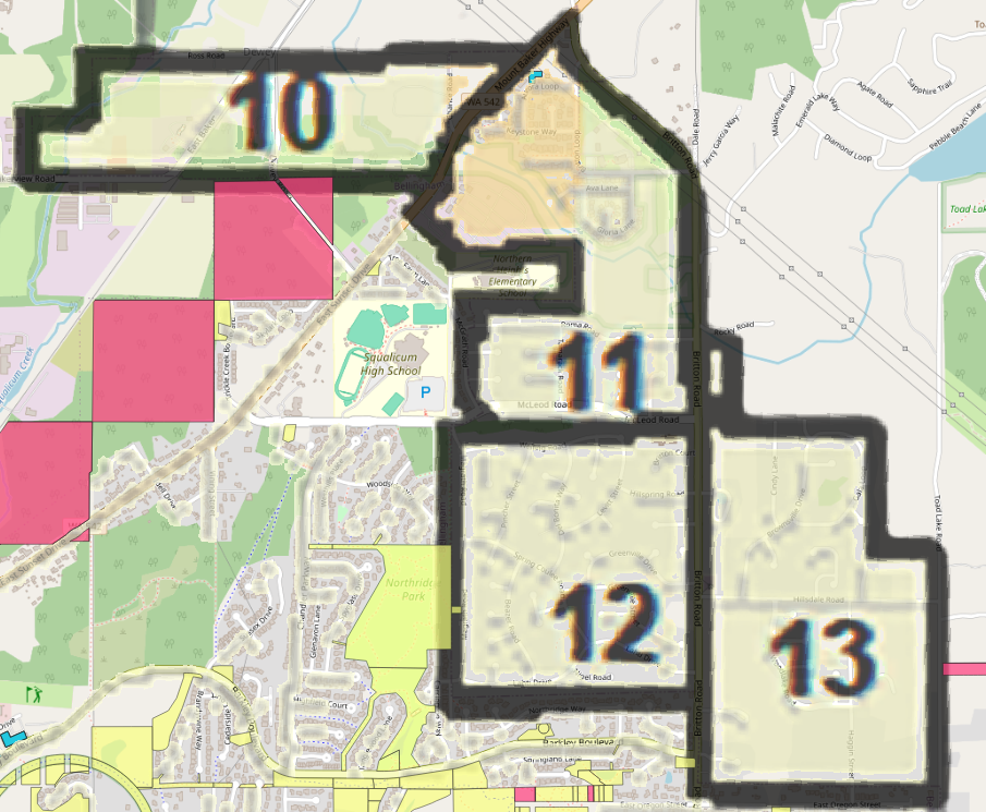 Map with numbered zones 10-13 in bold black outlines. Features Squalicum High School, Northridge Park, and various roads. Background in pink, green.
