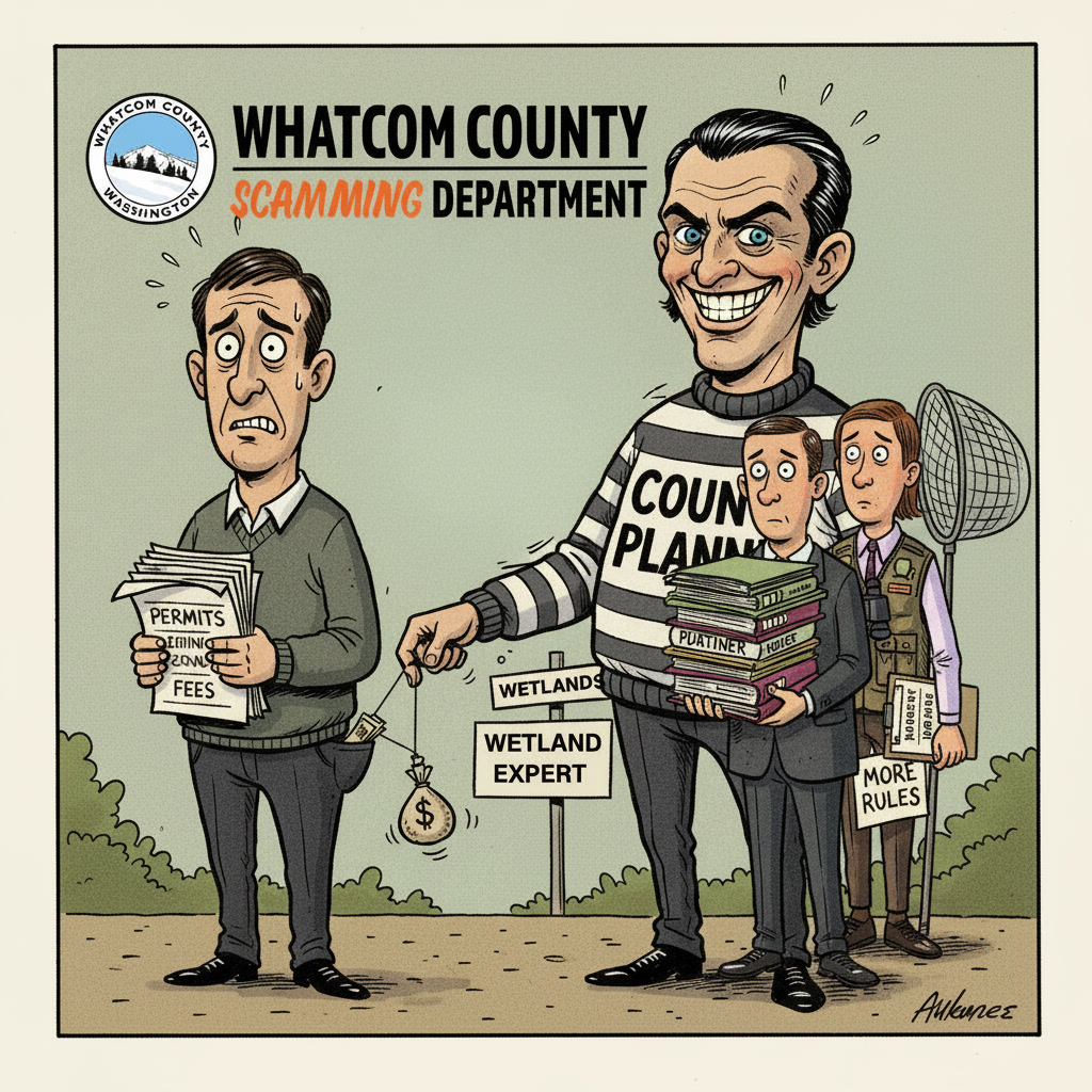 Cartoon of a man labeled "County Planner" holding cash, others with papers labeled "Permits" and "More Rules." Mood is critical. Text: "Whatcom County Scamming Department."