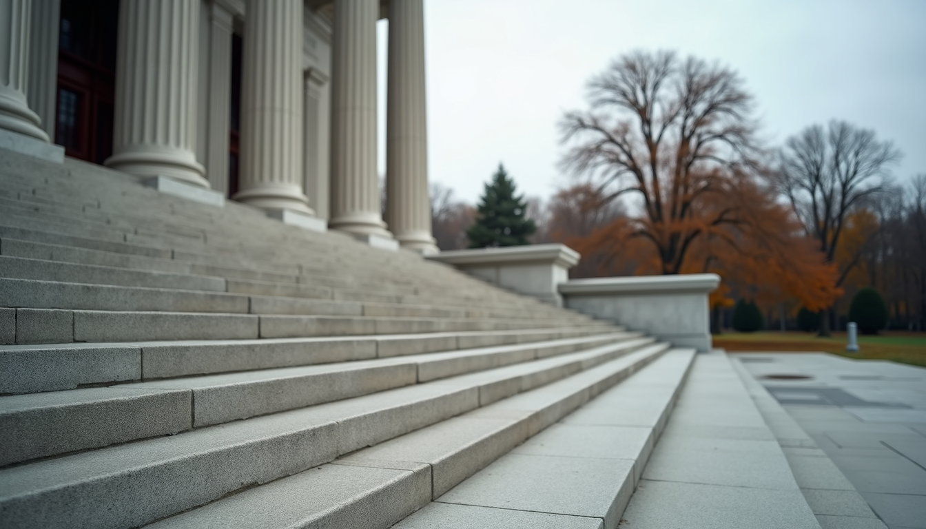 High angle view of a legislative building with steps leading up to the entrance
