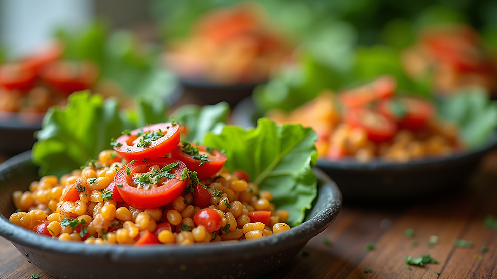 Close-up view of colorful vegan dishes with fresh vegetables
