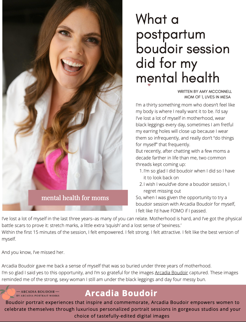 Screenshot of article about Arcadia Boudoir portrait session, with smiling woman in a white shirt and pink lingerie, and text that says "What a postpartum boudoir session did for my mental health."