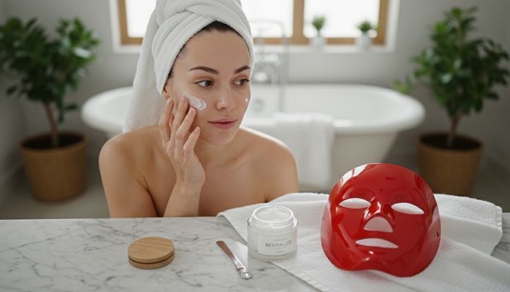 Overhead view of a woman applying moisturizer after using a red LED face mask.