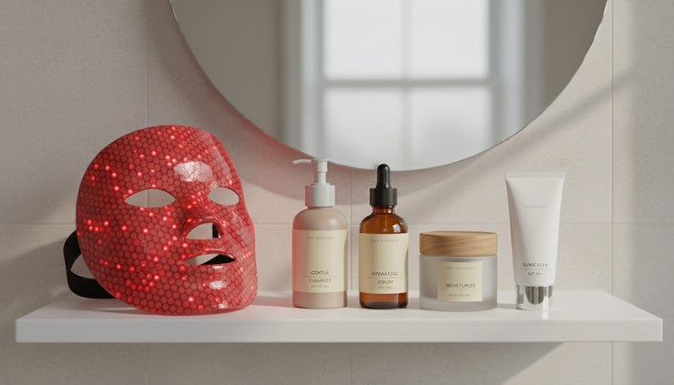 Eye-level view of a skincare shelf with a folded LED mask beside cleanser and moisturizer.