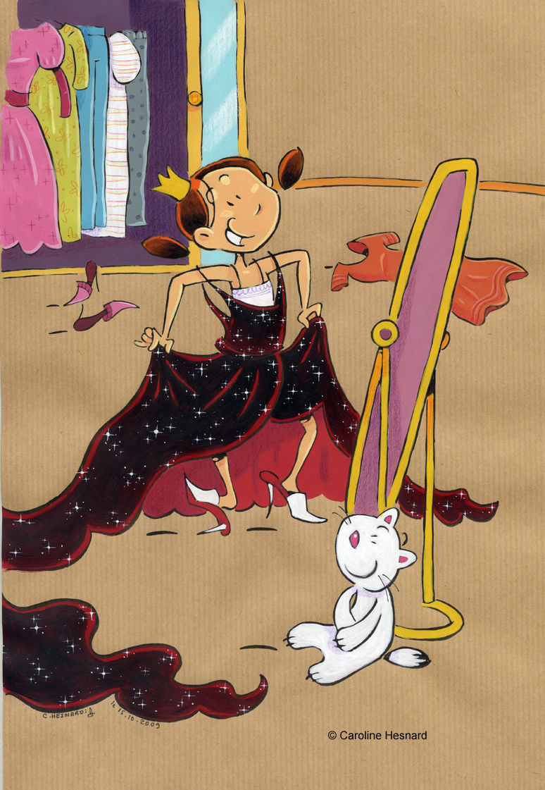 une petite princesse habillée dans la robe de soirée noir et rouge de sa maman à paillette.Elle est en compagnie de son doudou chat blanc et se regarde dans un miroir psyché dans un dressing