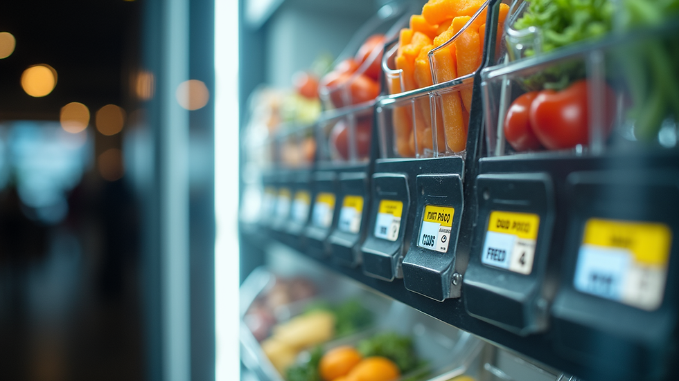 Close-up view of a smart vending machine with fresh food options