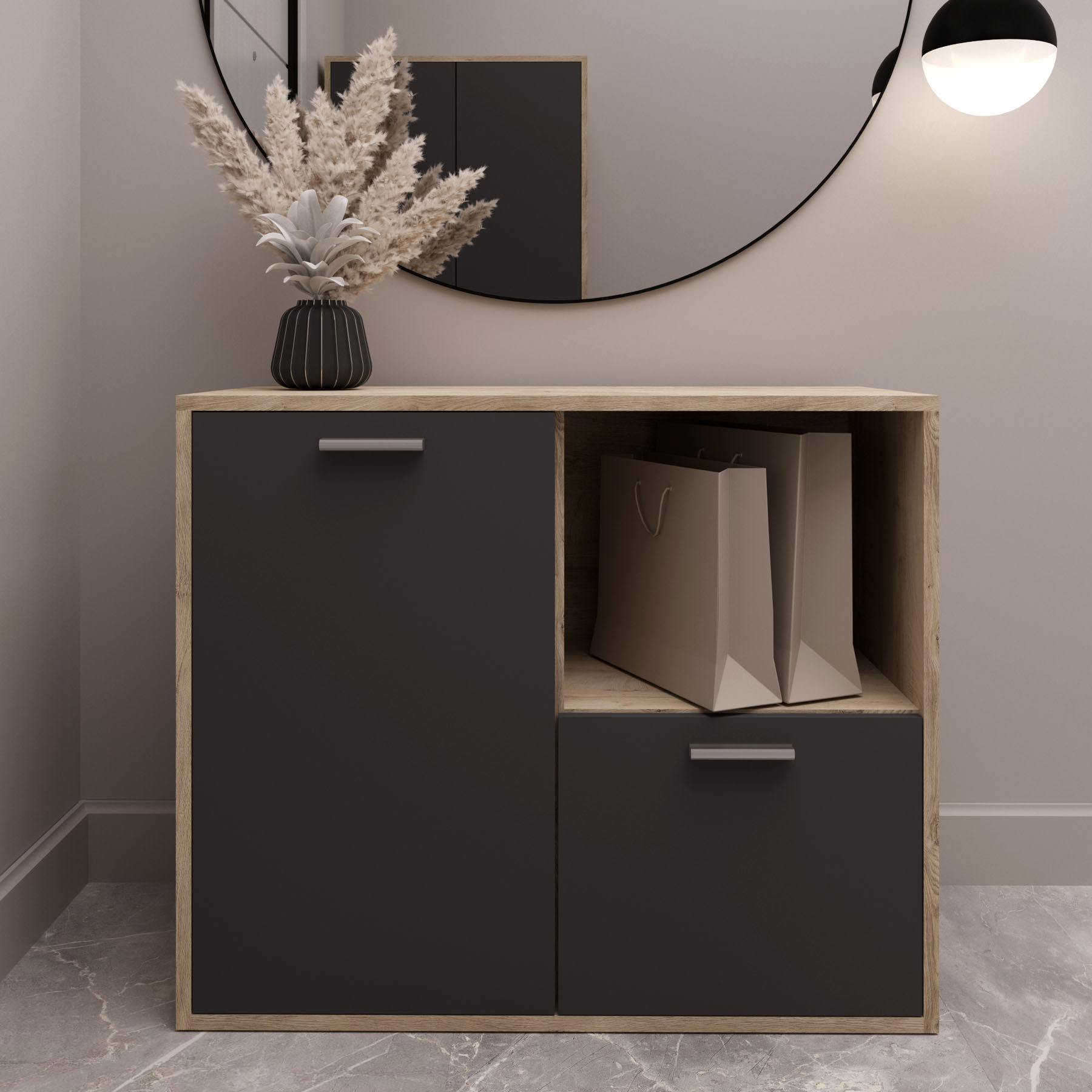 Тумба колір корпусу дуб Ендгрейн з текстурою глибокого тиснення, фасад - сірий графіт.