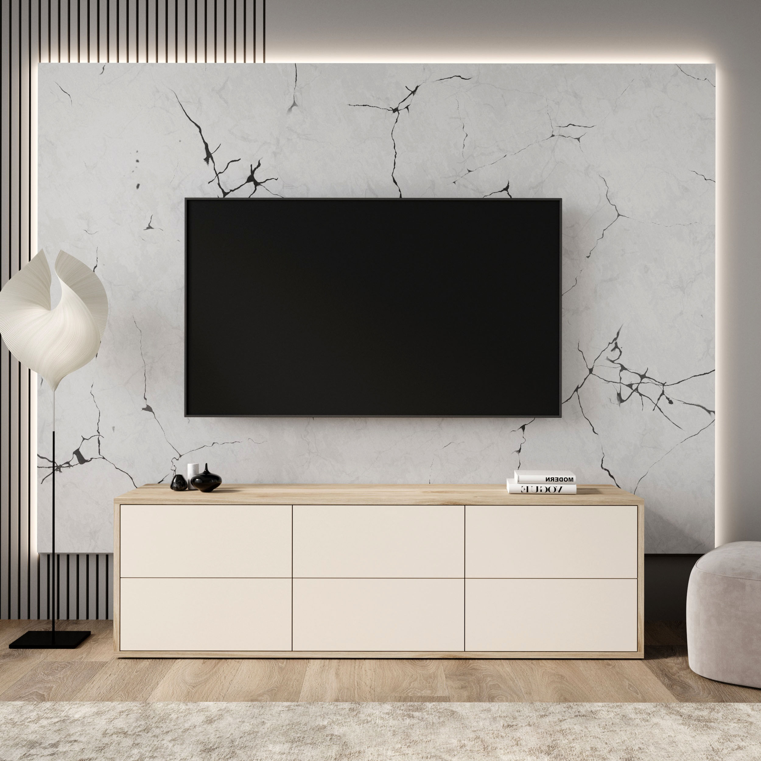 Тумба під телевізор колір корпусу дуб Кастелло медовий з текстурою глибокого тиснення, колір фасаду - сатин.