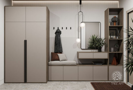 Шафа Echo, тумба Alurex, підвісний стіл Loop, стелаж Stratos. Прихожа, коридор кольору глиняний сірий