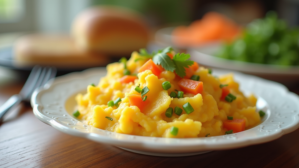 Close-up view of a colorful plate of mashed vegetables for babies