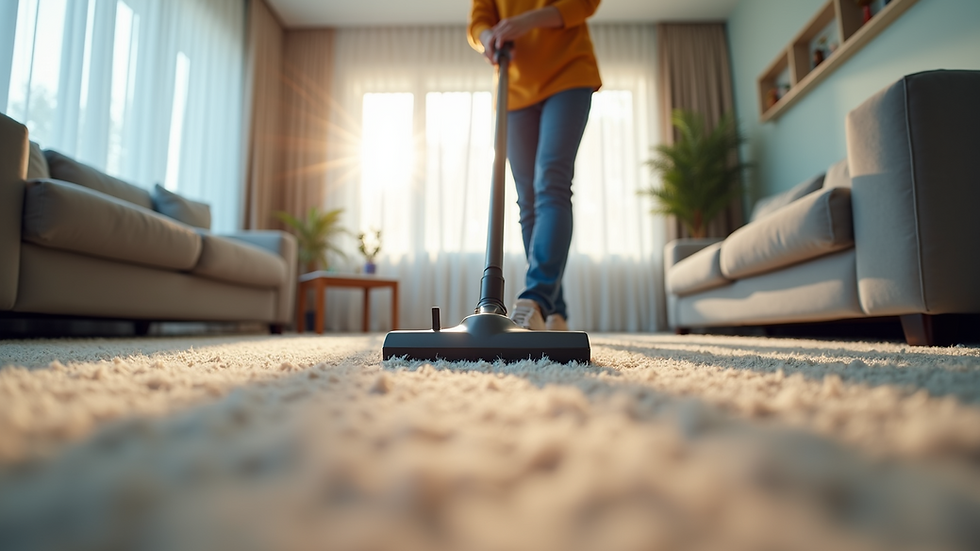 Eye-level view of a professional cleaner vacuuming a modern living room