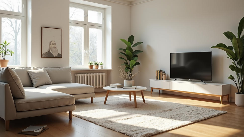 High angle view of a neat and organized living room ready for cleaning